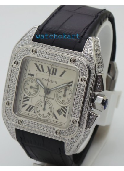 Cartier Santos 100 White Diamond Swiss ETA Valjoux 7750 Silver Watch