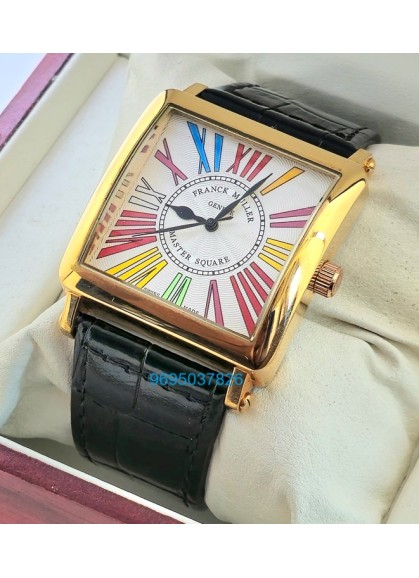 Franck Muller Square Master Rose Gold Color Dreams Roman Mark Leather Strap Watch